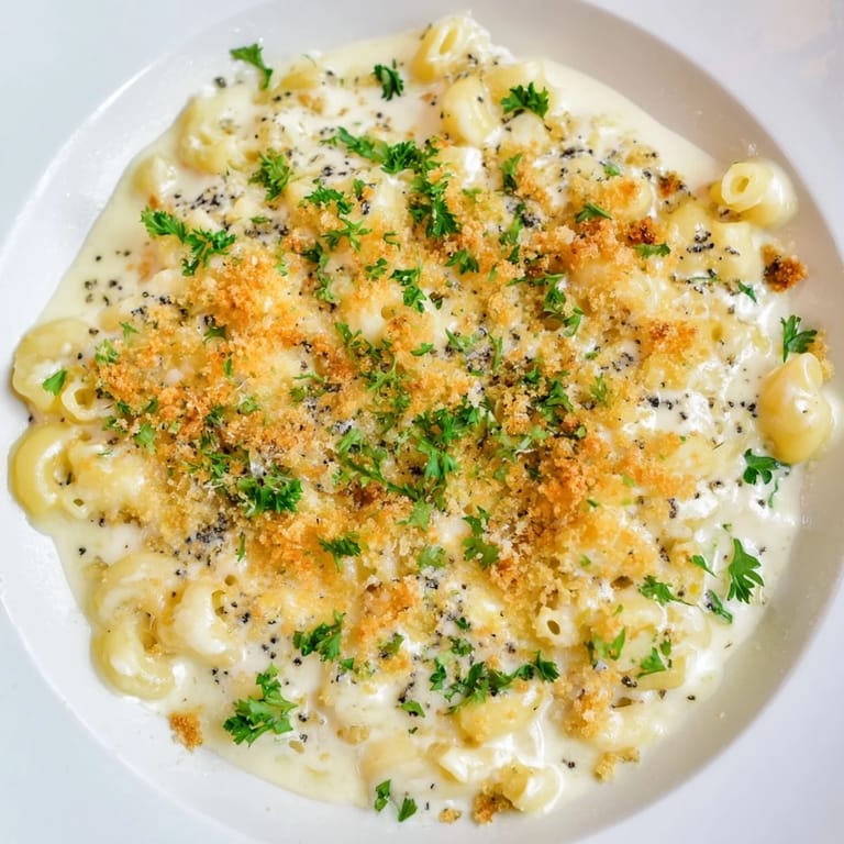 A close-up view of creamy Truffle Macaroni & Cheese, topped with crunchy breadcrumbs and parsley.