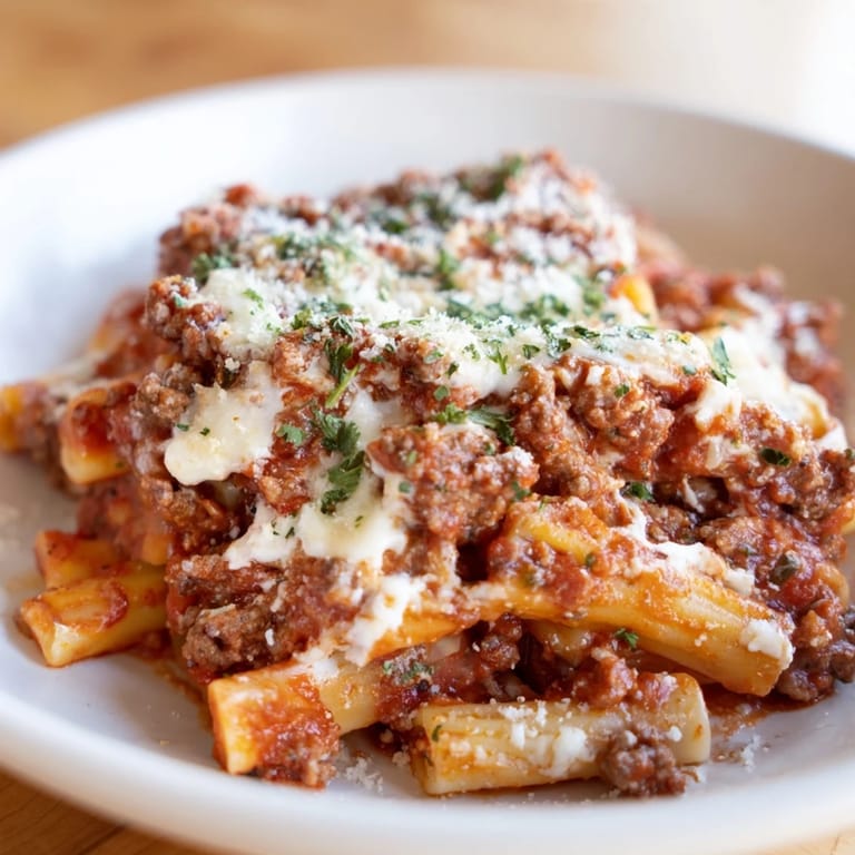 Close-up of Baked Ziti with Meat Sauce, a delicious blend of pasta, meat, and cheese, ready to savor.