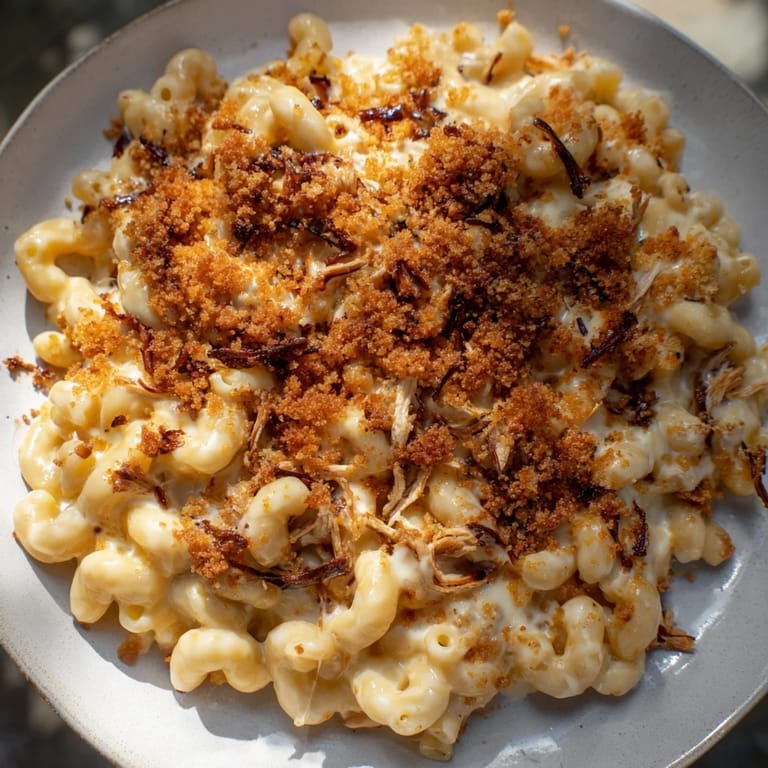 A hearty plate of Classic Mac & Cheese with BBQ Chicken, loaded with melty cheese and smoky chicken.