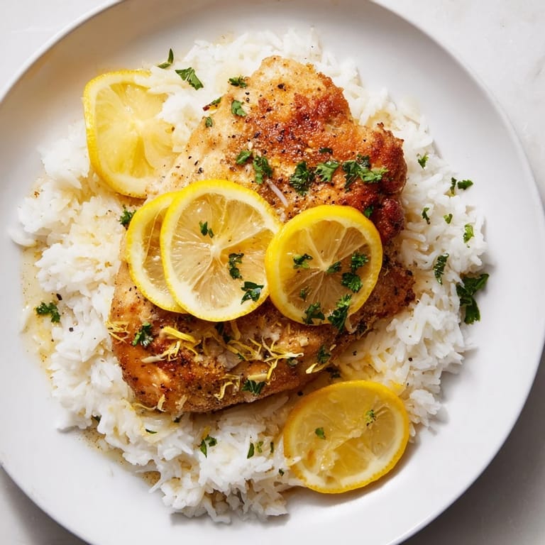 Close-up of baked Lemon Pepper Chicken with vibrant lemon slices, served over steamed rice.