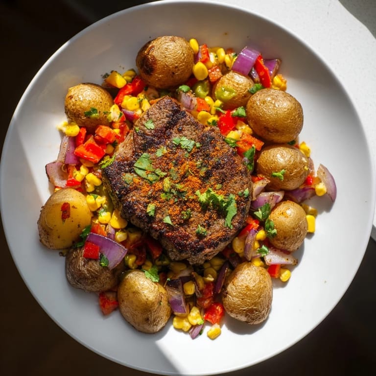 Golden potatoes and savory steak in a sizzling Southwest Steak & Potato Skillet, ready to eat.