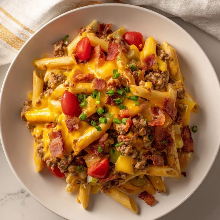 Close up revealing the rich, flavorful ingredients of a Bacon Cheeseburger Pasta Bake casserole.
