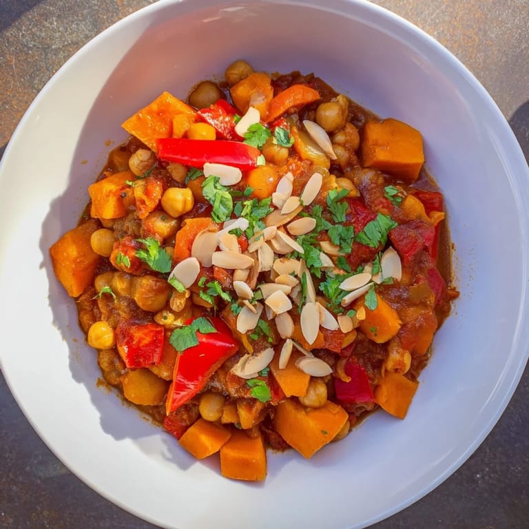 Aromatic Moroccan Chickpea & Sweet Potato Tagine bubbling gently with tender sweet potato and savory spices, perfect for dinner.