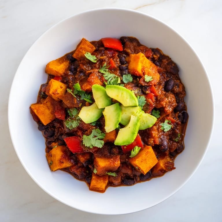 Close-up of a hearty Sweet Potato & Black Bean Chili with a vibrant mix of beans and spices.