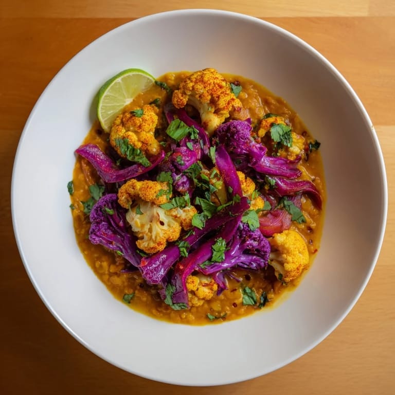 This warm and hearty Red Cabbage, Cauliflower & Coconut Dhal boasts vibrant colors and aromatic spices.
