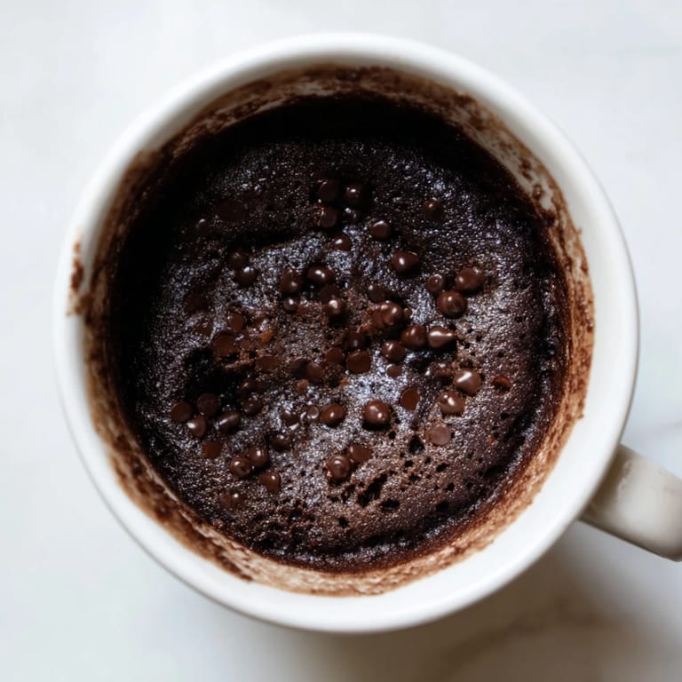 Close-up of a decadent chocolate Microwaved Mug Cake served in a ceramic mug, a perfect treat.