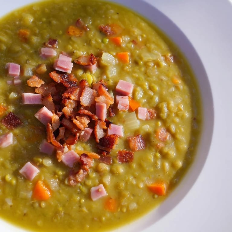 A warm bowl of split pea soup with canned ham, a comforting meal on a cold day.