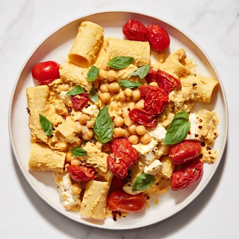 Golden, bubbly baked feta chickpea recipe, served atop al dente pasta with fresh basil garnish.