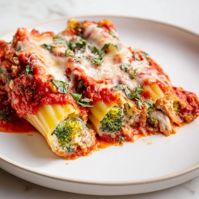 Golden-brown Cozy Broccoli Stuffed Manicotti with fresh basil, a comforting Italian-American favorite.