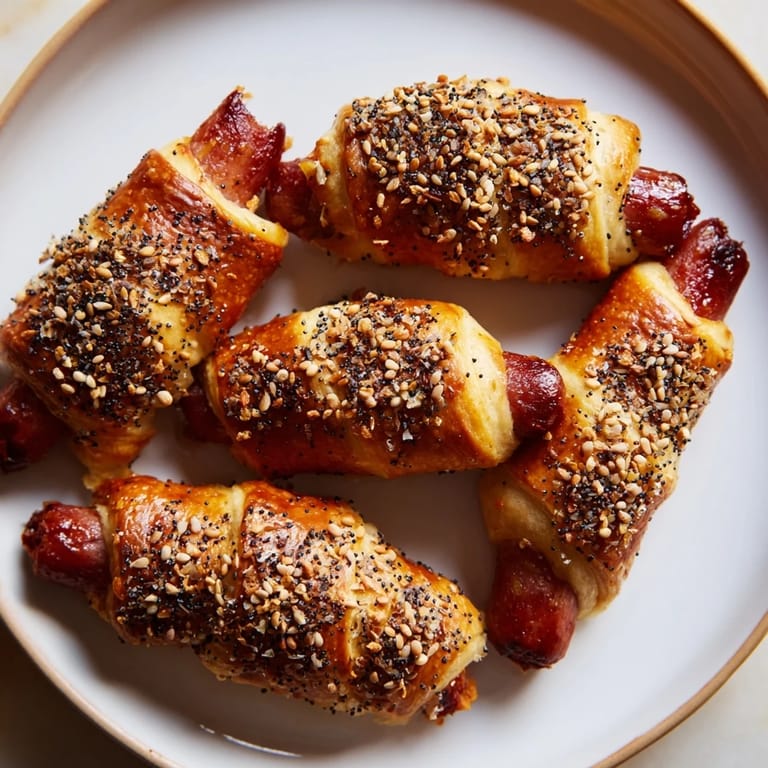 Close-up of baked everything bagel pigs in a blanket: flaky, savory, and ready in minutes!