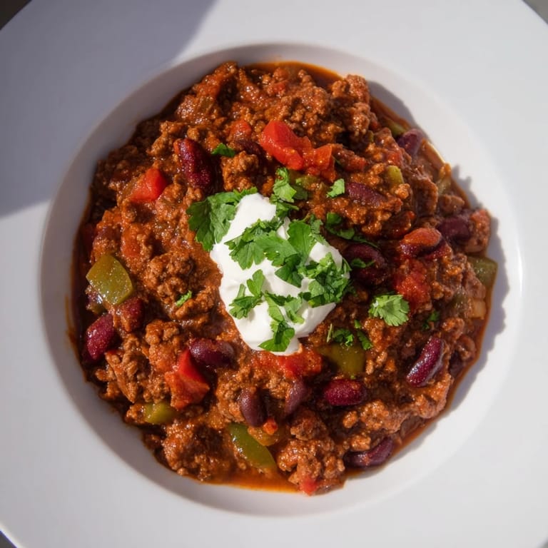 A close-up shot of Quick Chili with canned beans and diced tomatoes, topped with fresh cilantro.