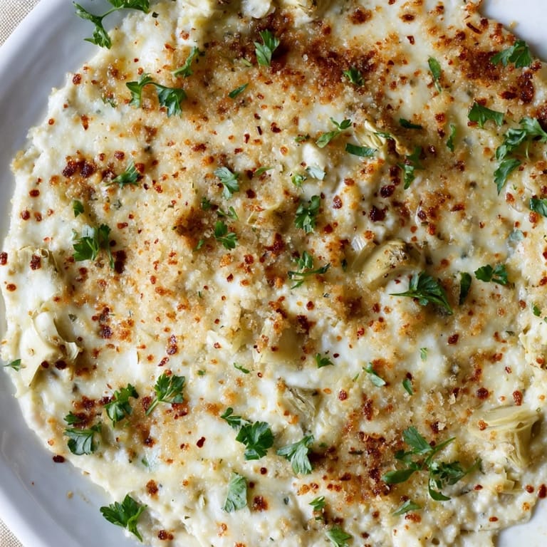 Close-up of bubbling Baked Artichoke Dip, savory and cheesy with visible artichoke pieces.