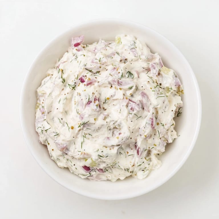 A close-up view of the sweet and sour pickle relish dip with flecks of fresh dill and red onion.