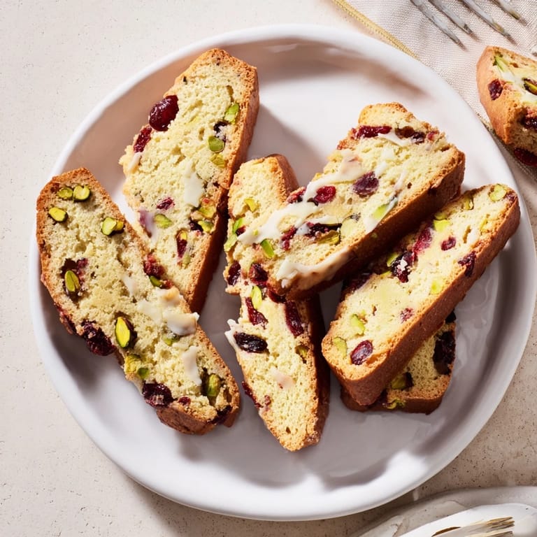 Crisp, Italian white chocolate cranberry pistachio biscotti showing off the vibrant red cranberries and green pistachios in a close-up shot.