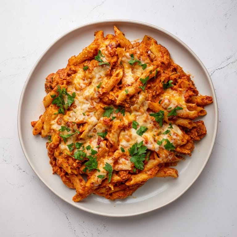 A close-up of a bubbling Budget Sausage and Cheese Pasta Bake, served hot and inviting.
