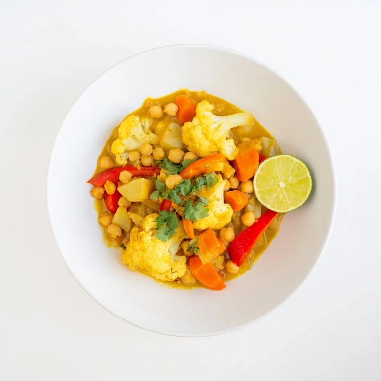 Enjoy a comforting serving of vegan Curried Cauliflower and Chickpea Stew, perfect for a flavorful dinner tonight.