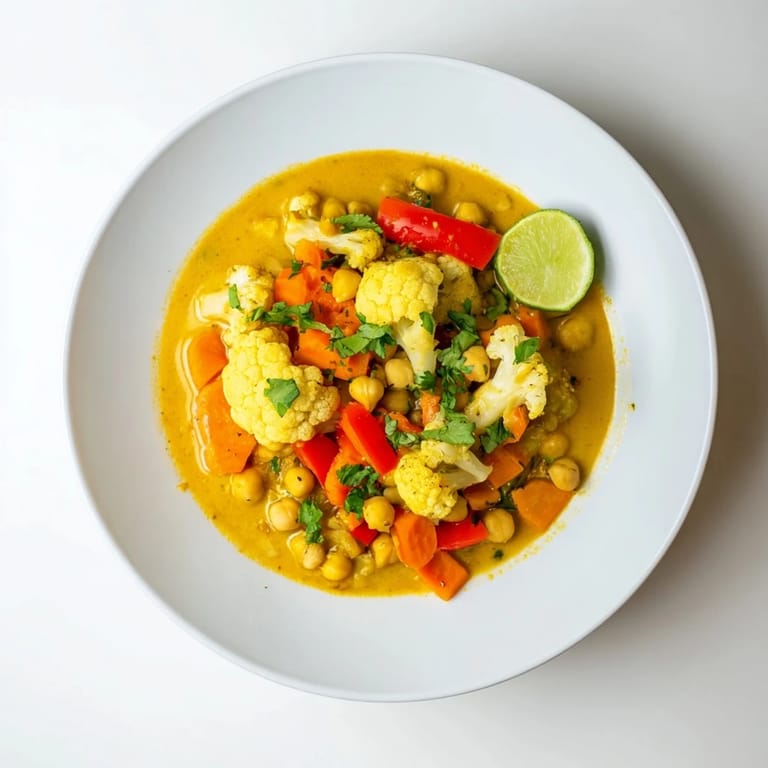 Creamy and aromatic, this Curried Cauliflower and Chickpea Stew simmers with tender veggies and warm spices.