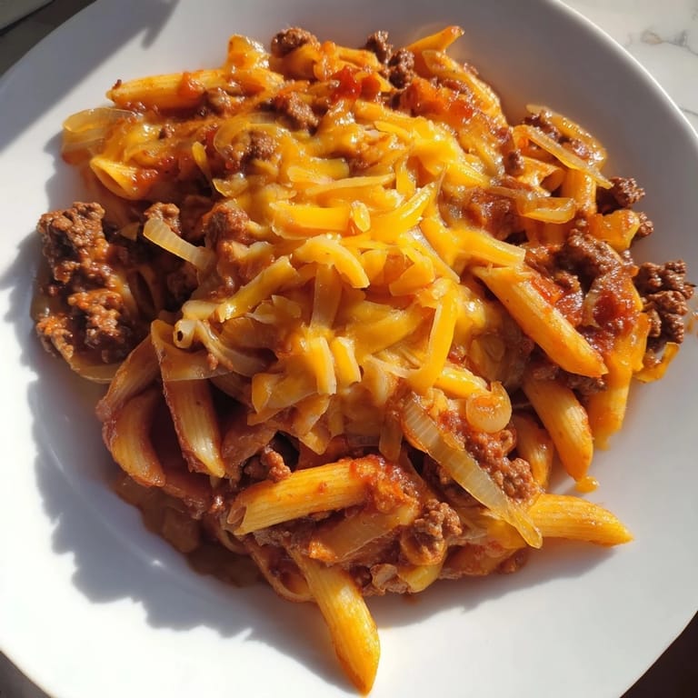 Melting cheese and savory ground beef combine in this close-up photo of creamy Easy Beef Enchilada Pasta.