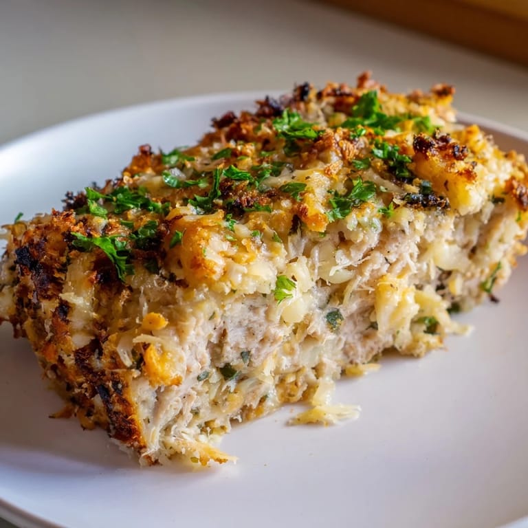 Golden-brown garlic Parmesan chicken meatloaf, baked to perfection, offering a savory, comforting meal.