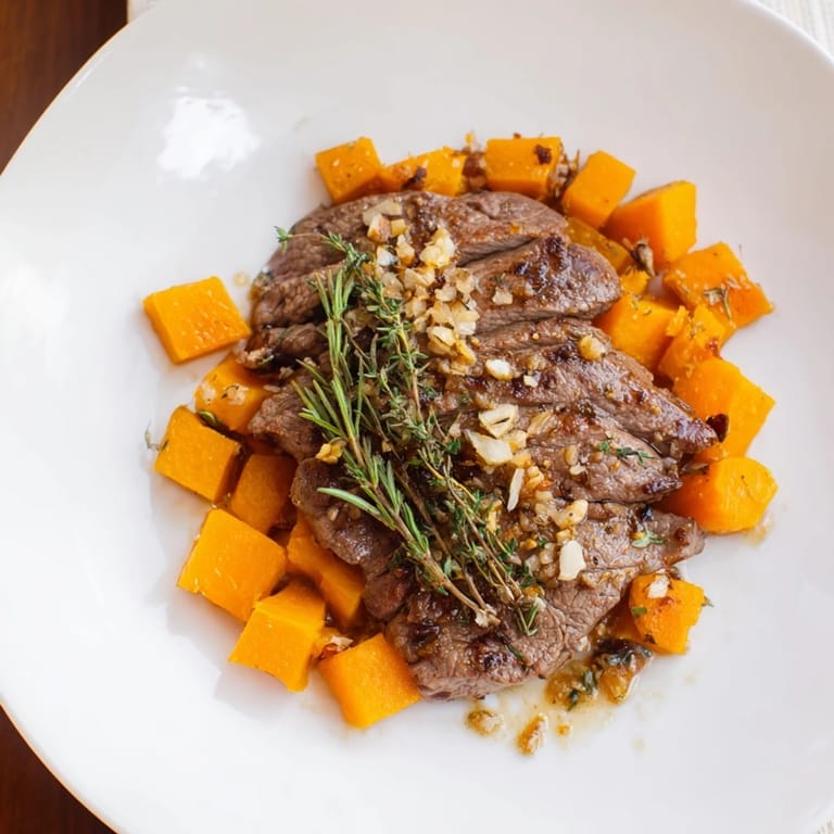 A delicious close-up of a hearty Butternut Squash & Garlic Herb Steak Bowl, ready to serve with fresh herbs.