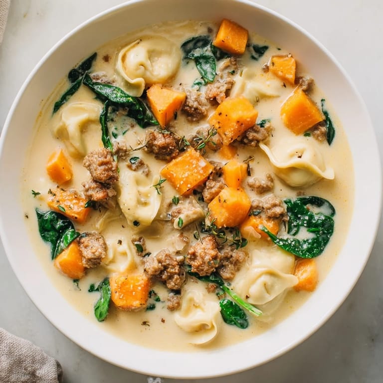 A steaming bowl of Creamy Sausage Tortellini Soup, fragrant with herbs and spicy Italian sausage.