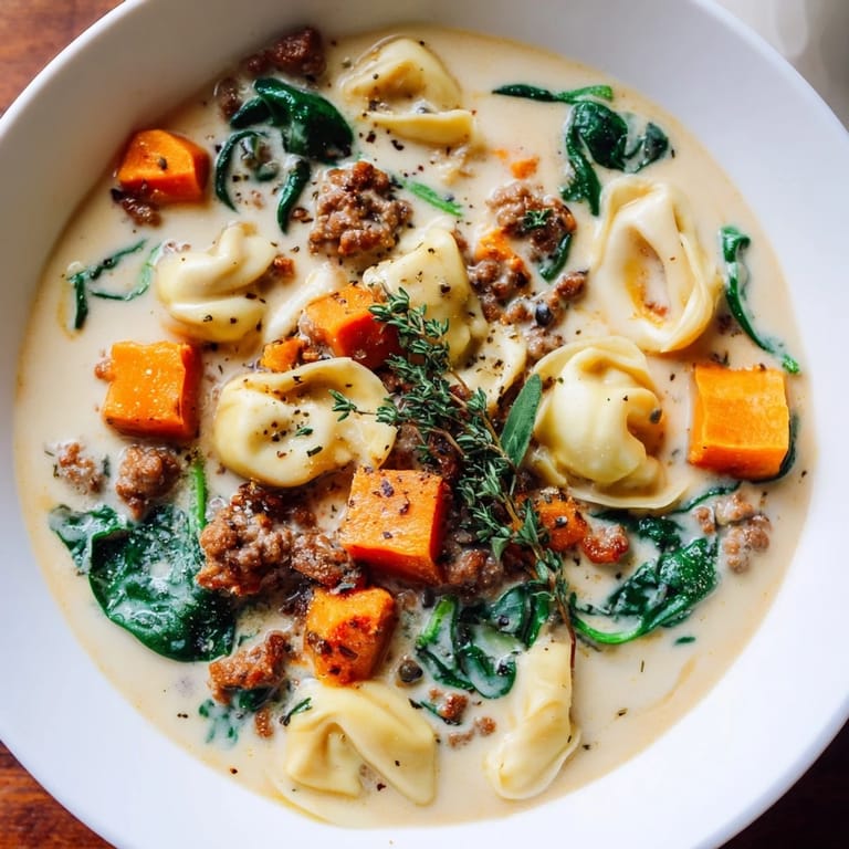 Golden, creamy broth enveloping the ingredients in Creamy Sausage Tortellini Soup with fresh spinach.