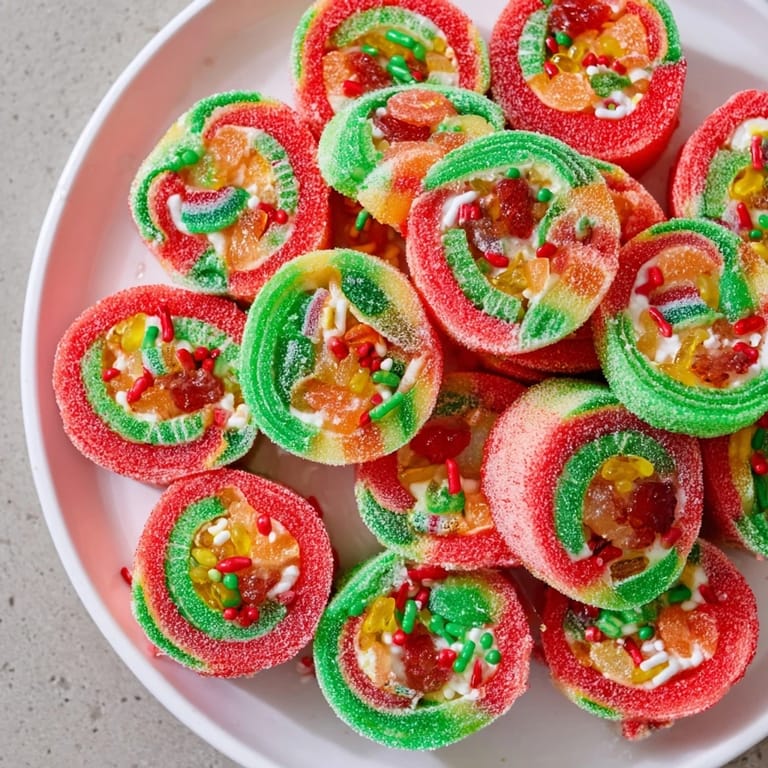 Close-up of the fun and colorful Easy Christmas Fruit Rollup Sushi, a kid-friendly dessert made with chewy fruit rollups.