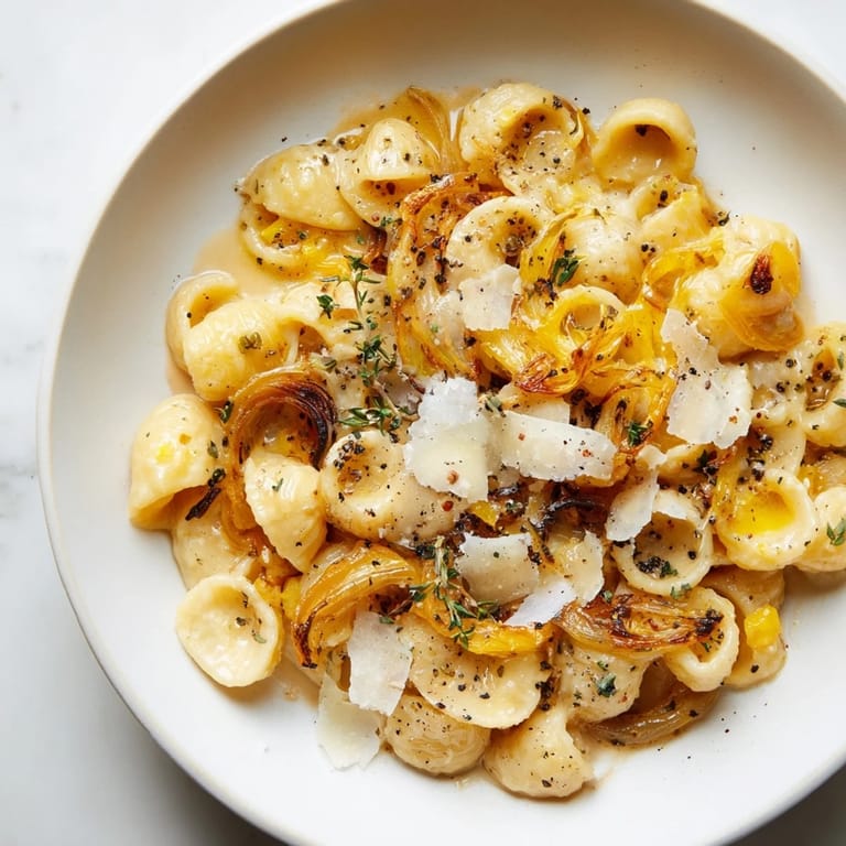 Enjoy the visually stunning, creamy French onion ditalini with tender pasta, topped with melted cheese and fresh herbs.