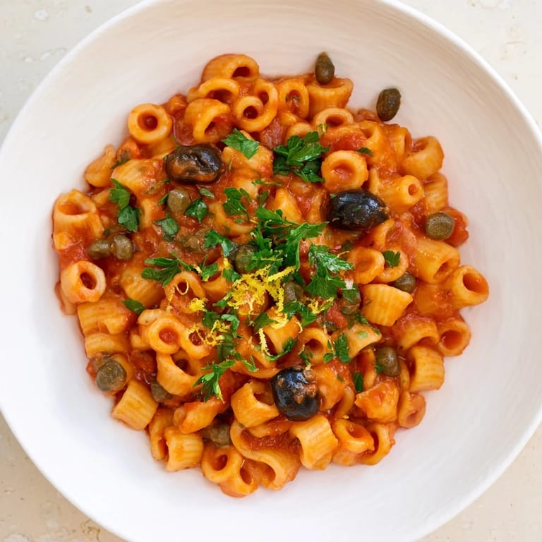 Savory Puttanesca Ditalini, plated with fresh parsley, offers a taste of Southern Italian cooking.