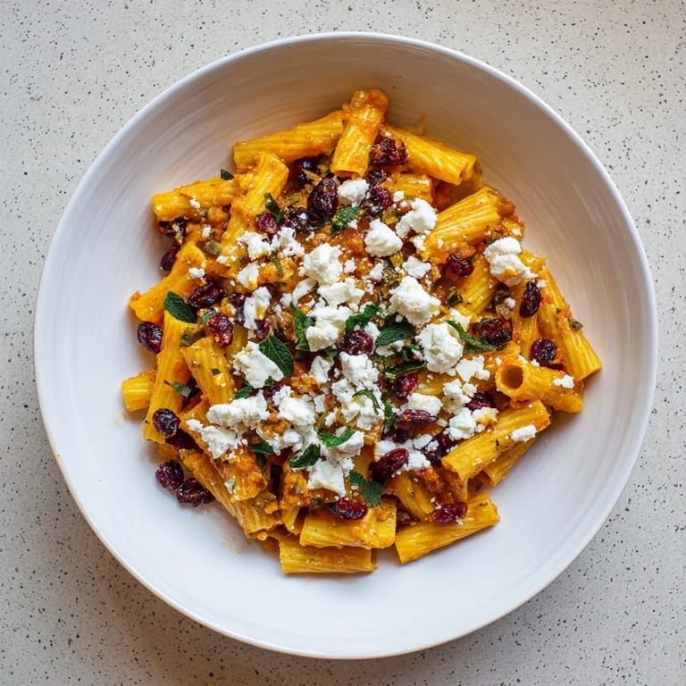 Steamy serving of Cranberry-Sage Feta Pasta Bake with visible cranberries and crumbled feta cheese.