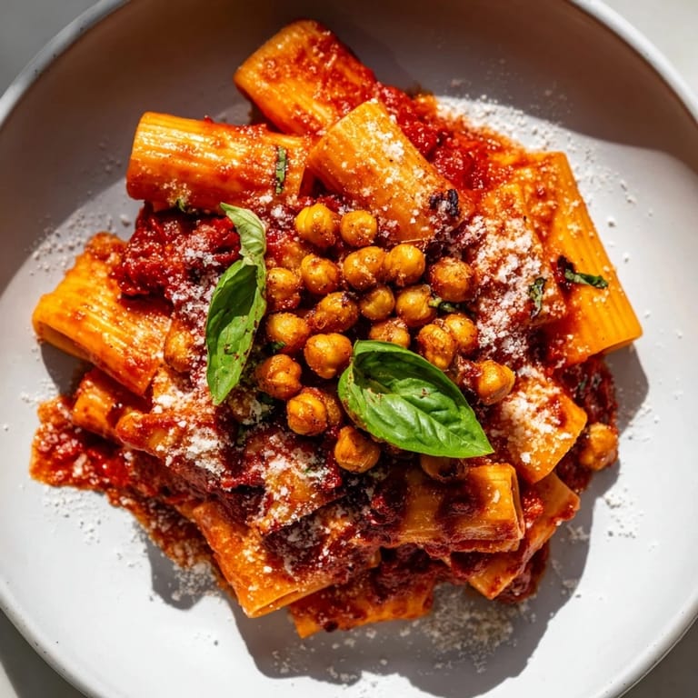 Savory Spicy Arrabbiata Roasted Chickpea Crunch Pasta with crispy chickpeas and fresh basil garnish for dinner.