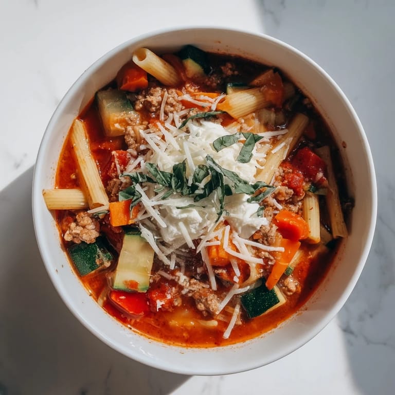 A steaming bowl of Healthy Lasagna Soup, garnished with cheese, offers warm Italian comfort.