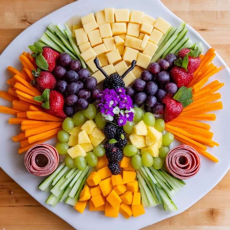 Vibrant and summery Butterfly Summer Board, artfully arranged with fruit, cheese, and flowers for a picnic.