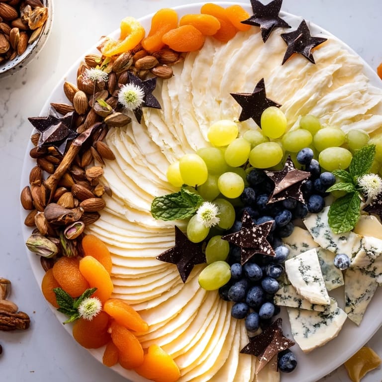 A visually stunning Crescent Moon Midnight Snack Board, offering a variety of cheeses, crackers, and sweet treats.