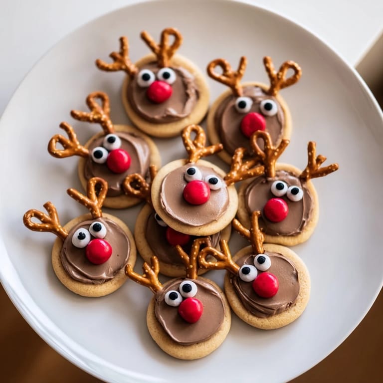 A delicious close-up of the joyful Santa's Reindeer cookie platter with glittering sprinkles & chocolate noses.