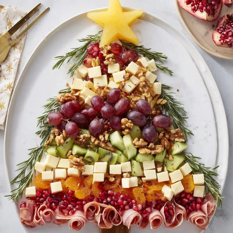 Beautiful Festive Holiday Tree Appetizer Platter, bursting with vibrant colors and textures, ready for guests to enjoy.