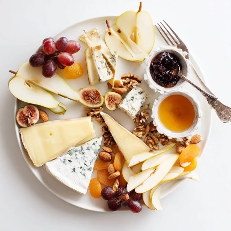 A close-up of a cheese platter, featuring various cheeses, grapes, and nuts, ready to eat.