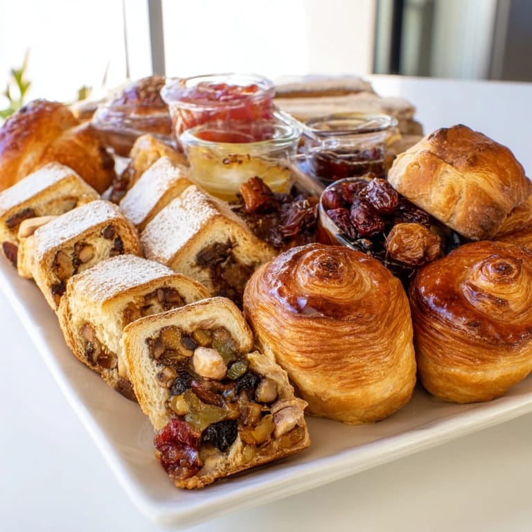 Gifting a Christmas Brunch Gift Box filled with croissants, jam, cheeses, and fruit; a perfect brunch package.