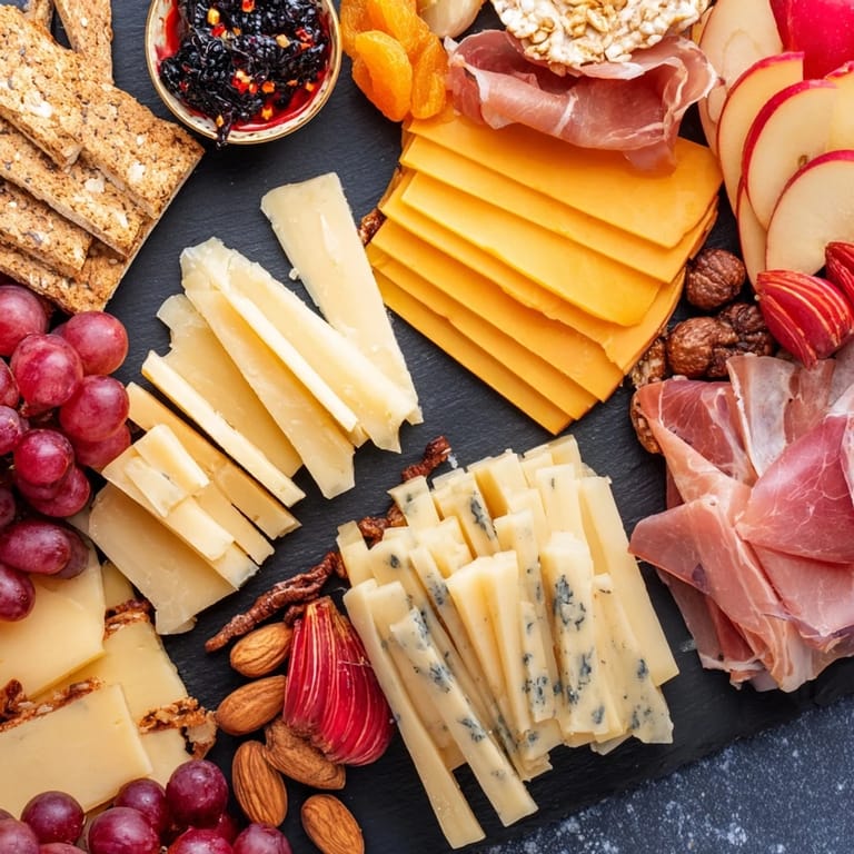 This artfully arranged Cheval Heureux snack board shows fresh grapes, cheese and charcuterie, ready to enjoy.