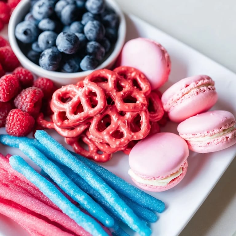 Vibrant baby reveal snack board featuring pink and blue treats alongside savory alternatives.