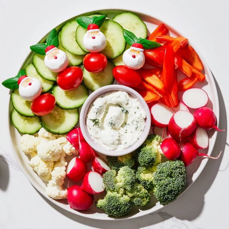 This Savory Crudités: Veggie Santa Hat Dip Platter displays festive arrangements of fresh vegetables and a creamy dip.