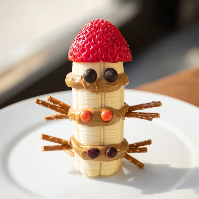 Adorable Banana Peanut Butter Snowmen snack arranged on a plate with pretzel arms and smiling faces.