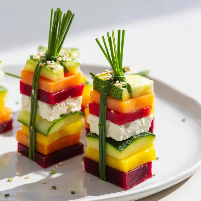 Close-up of delicious Stacked Gift Box Veggie Cubes with varied vegetables and cheese, a healthy appetizer.
