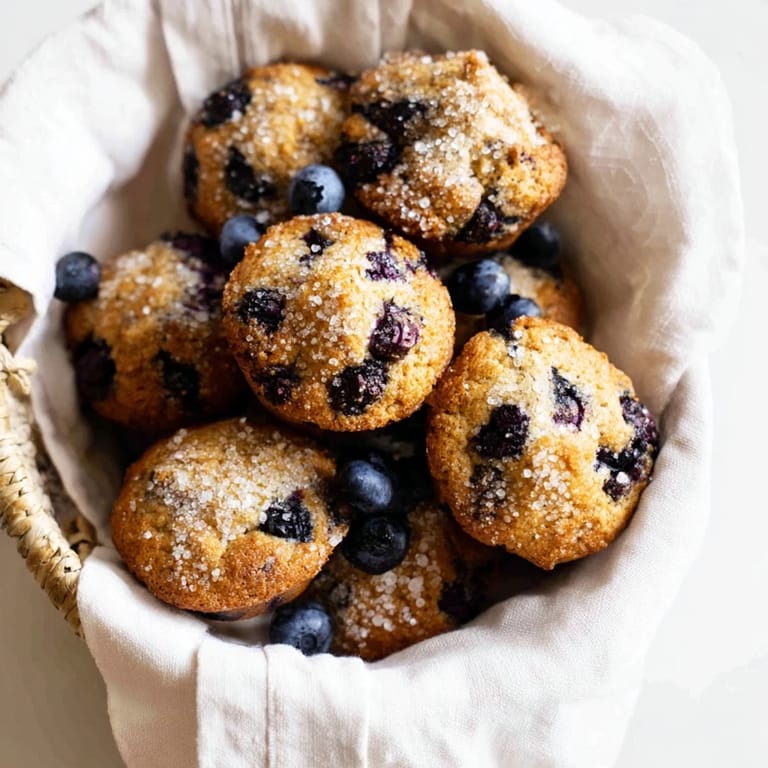 A woven basket overflowing with golden-brown mini blueberry muffins, ideal for sharing with friends and family.