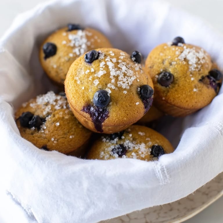 Close-up of freshly baked mini blueberry muffins, showcasing the juicy blueberries, beautifully presented in a basket.