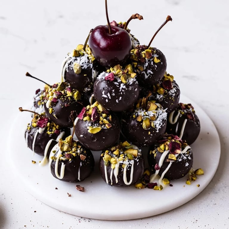 Picture a stunning presentation of glossy, dark chocolate-covered cherry dessert bites, glistening.