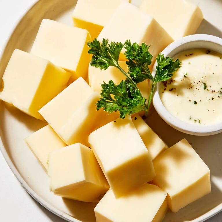 This cheese platter presents vibrant Gouda, ready for dipping into a delicious mustard sauce.