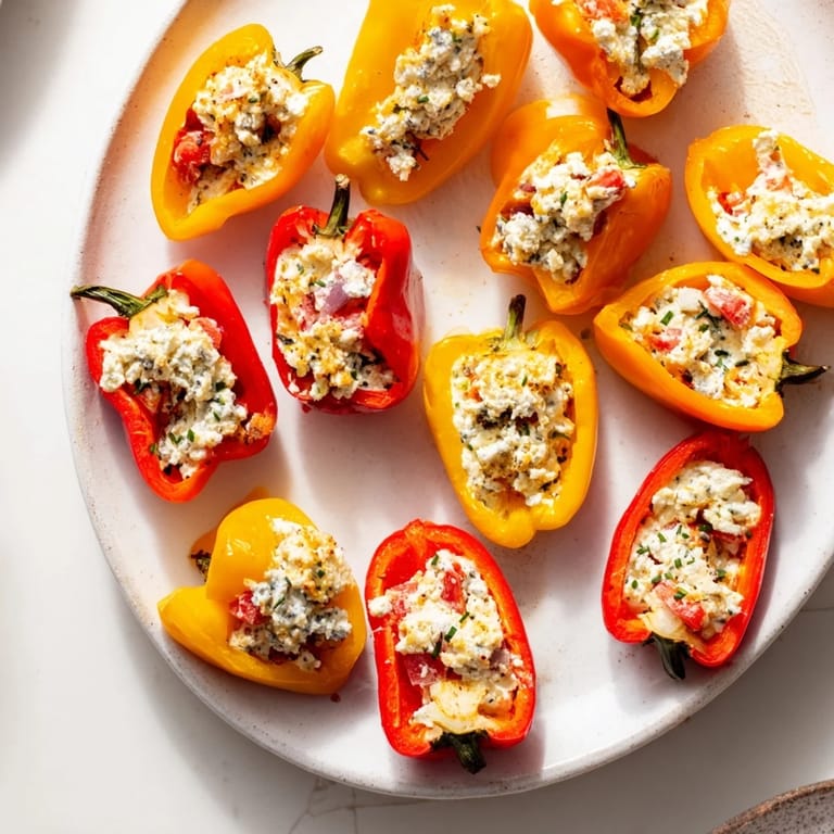 Close-up of savory Mini Bell Pepper Halves with Feta Filling, drizzled with olive oil and chives.
