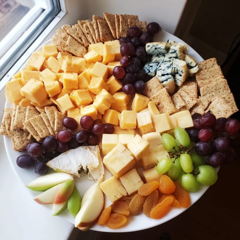 A beautifully arranged Housewarming Open House Spread featuring various cheeses, colorful fruits, and tasty crackers.