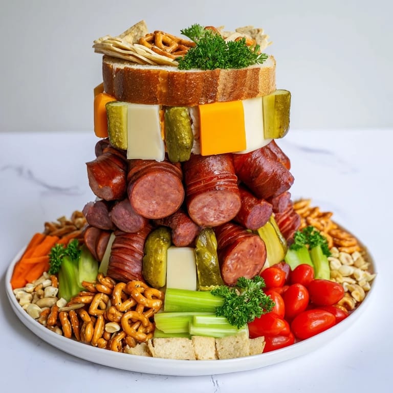 Close-up of a delicious Tailgate Party Power Stack, showcasing layered ingredients and inviting dips for dipping.